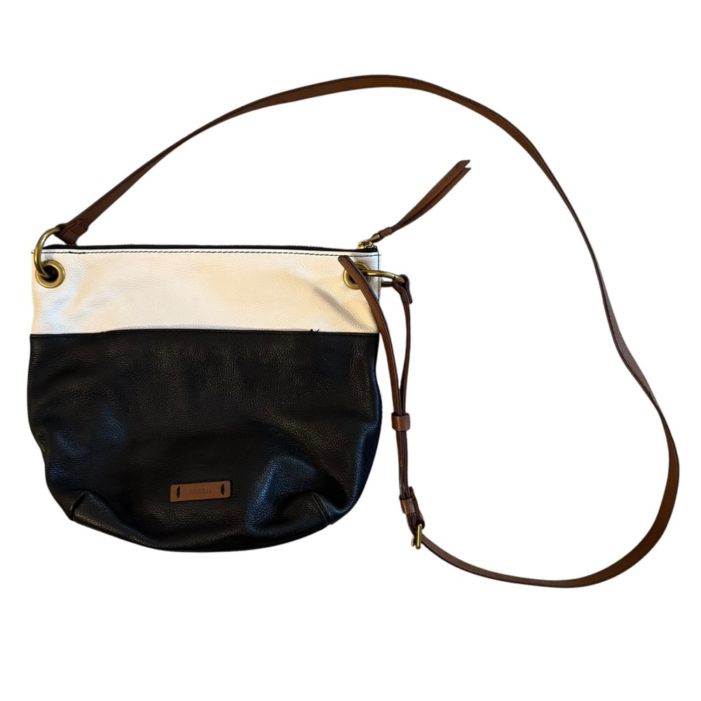 Fossil Keeley Bucket Crossbody Bag Black White Colorblock Pebbled Leather Purse